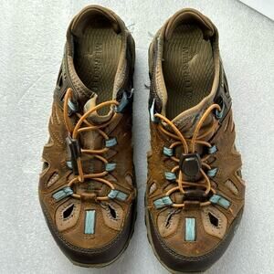 Merrell Vibram Water Shoes 8.5  Women’s Brown Blue Slip On Sandals Hike Camp